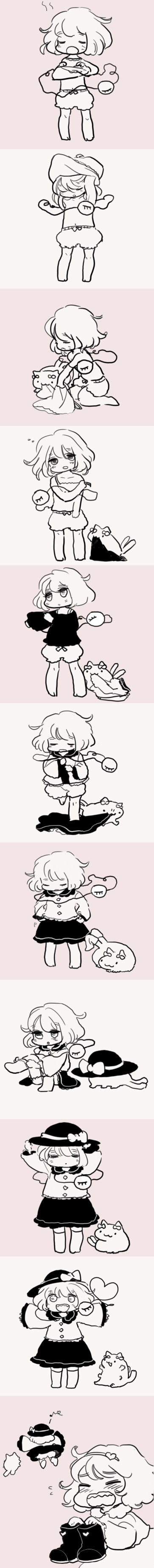 cat, chibi, comic, dressing, hat, highres, kaenbyou_rin, kaenbyou_rin_(cat)