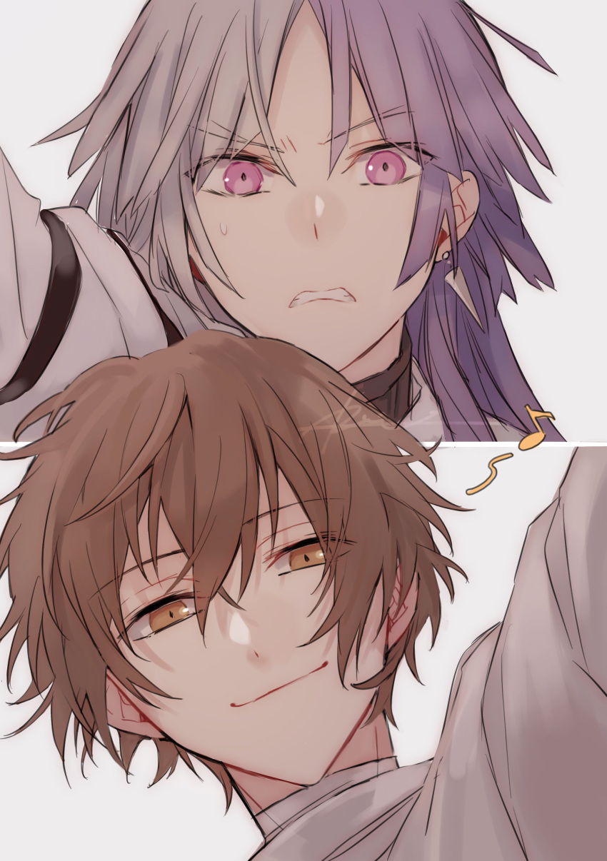 2boys, absurdres, brown_eyes, brown_hair, bungou_stray_dogs, closed_mouth, dazai_osamu_(bungou_stray_dogs), earrings