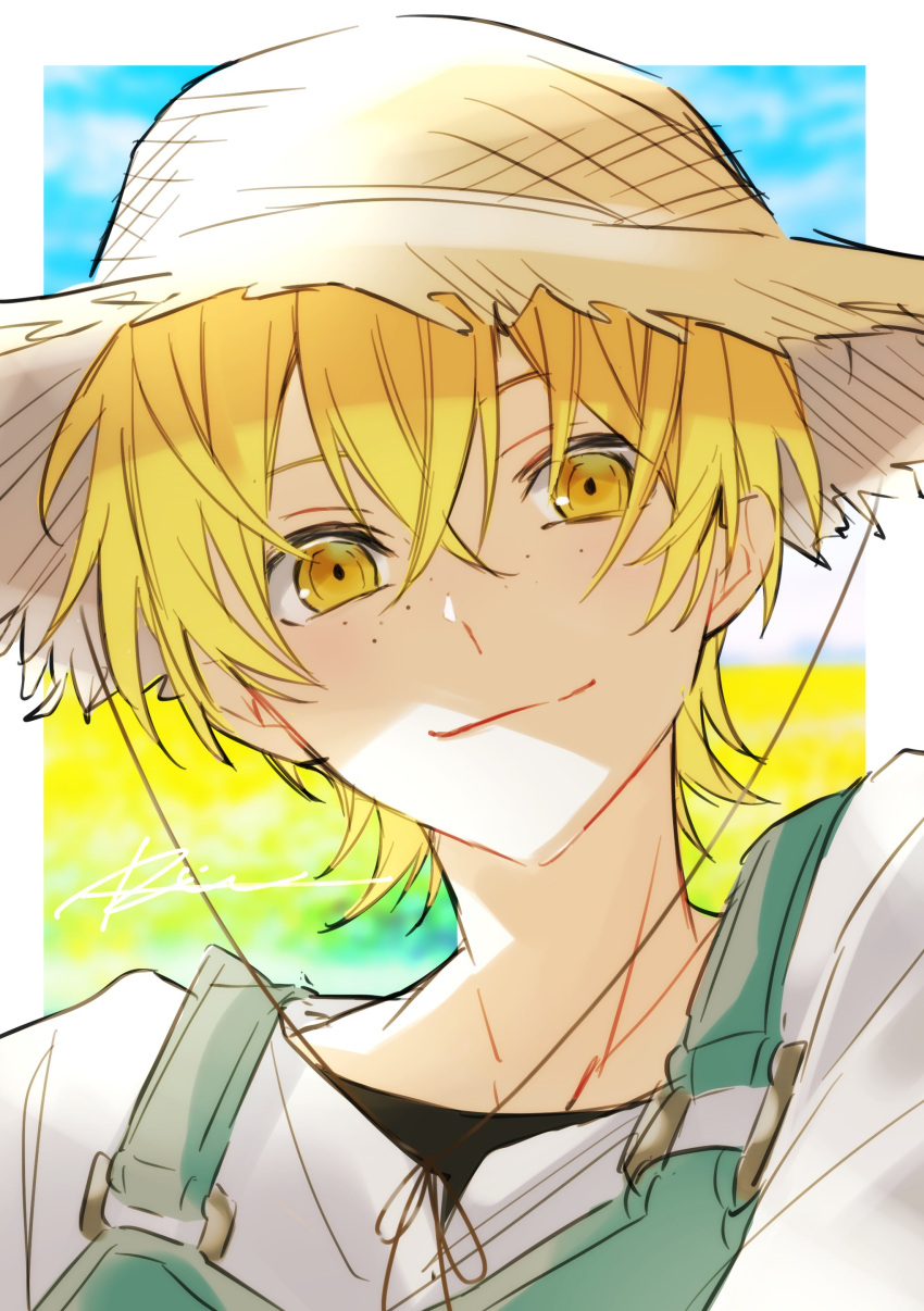1boy, absurdres, blonde_hair, blue_overalls, brown_headwear, bungou_stray_dogs, closed_mouth, freckles