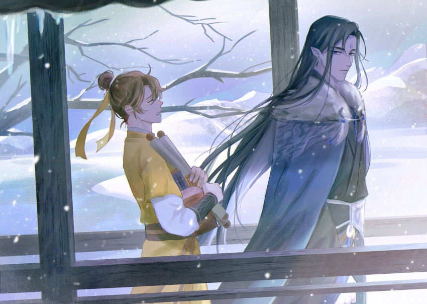 2boys, bishounen, black_hair, black_robe, blue_cape, blue_eyes, blue_sky, box
