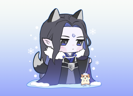1boy, animal, animal_ears, animalization, belt, black_cape, black_hair, black_robe, blue_cape, blue_eyes, cape, chibi, chinese_clothes, closed_eyes, crying, dog_boy, dog_ears, dog_tail, expressionless, facial_mark, forehead_mark, fur-trimmed_cape, fur_trim, gradient_background, hamster, layered_clothes, linhii_hihi, long_hair, male_focus, mobei_jun, outstretched_hand, pointy_ears, ren_zhafan_paijizu_xitong, robe, shang_qinghua, snow, snow_on_head, snowflakes, streaming_tears, tail, tassel, tears, trembling, wolf_boy, wolf_ears, wolf_tail