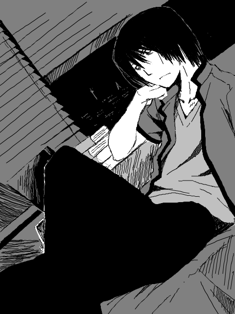 1boy, apartment, black_hair, chou_shittou_caduceus, lying, monochrome, on_back, victor_niguel