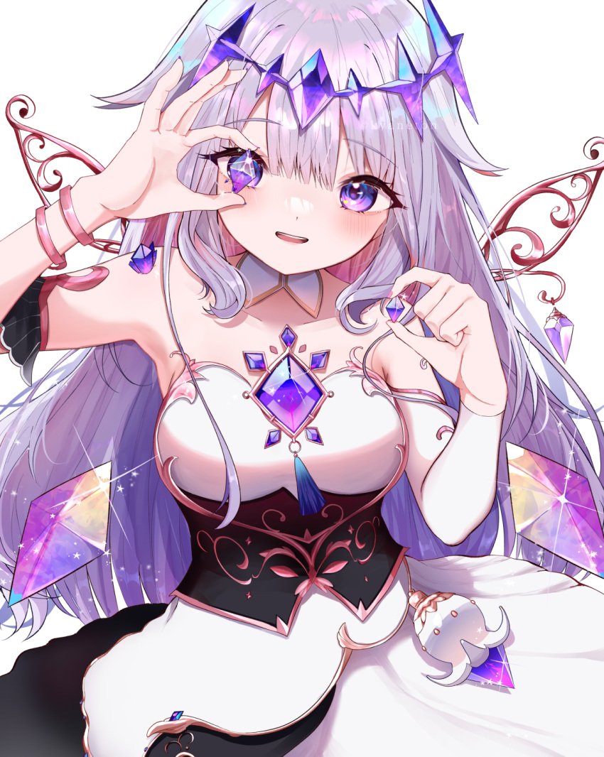 1girl, black_corset, blush, bridal_gauntlets, chest_jewel, collar, colored_inner_hair, corset, crystal_wings, detached_collar, dress, fake_wings, grey_hair, highres, hololive, hololive_english, koseki_bijou, kyaneton, long_hair, looking_at_viewer, multicolored_hair, open_mouth, pink_hair, single_bridal_gauntlet, smile, solo, teeth, upper_teeth_only, violet_eyes, virtual_youtuber, white_background, white_bridal_gauntlets, white_collar, white_dress, wings