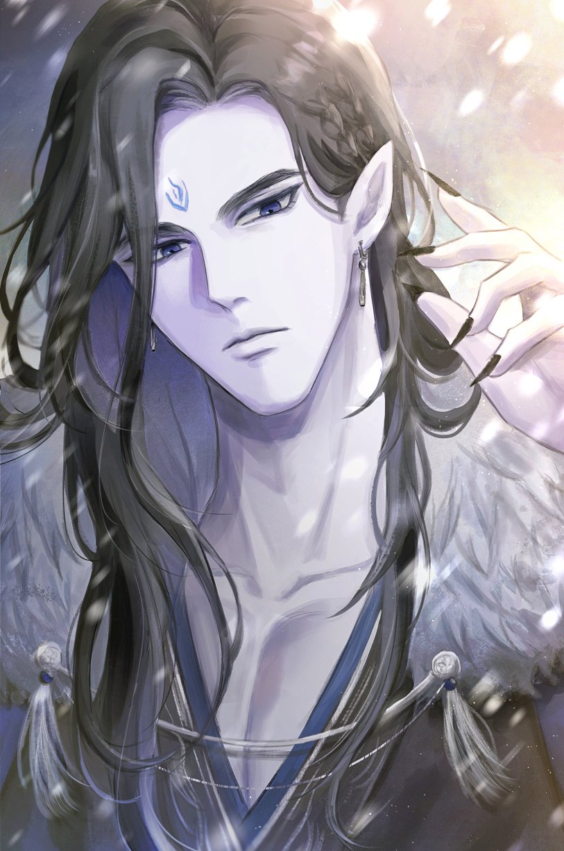 1boy, black_hair, black_nails, black_robe, blue_eyes, cape, chinese_clothes, collarbone