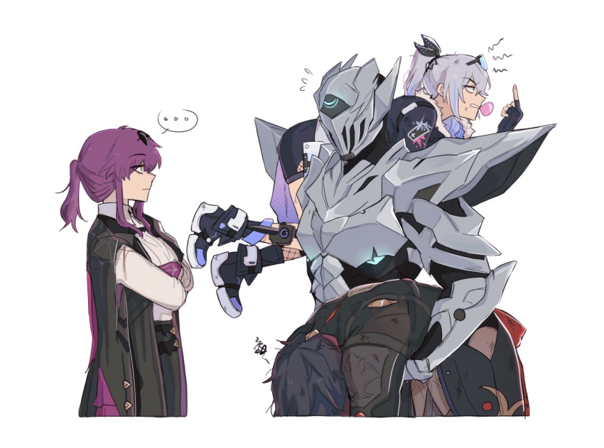 ..., 2boys, 2girls, angry, black_footwear, black_gloves, black_shorts, blade_(honkai:_star_rail)