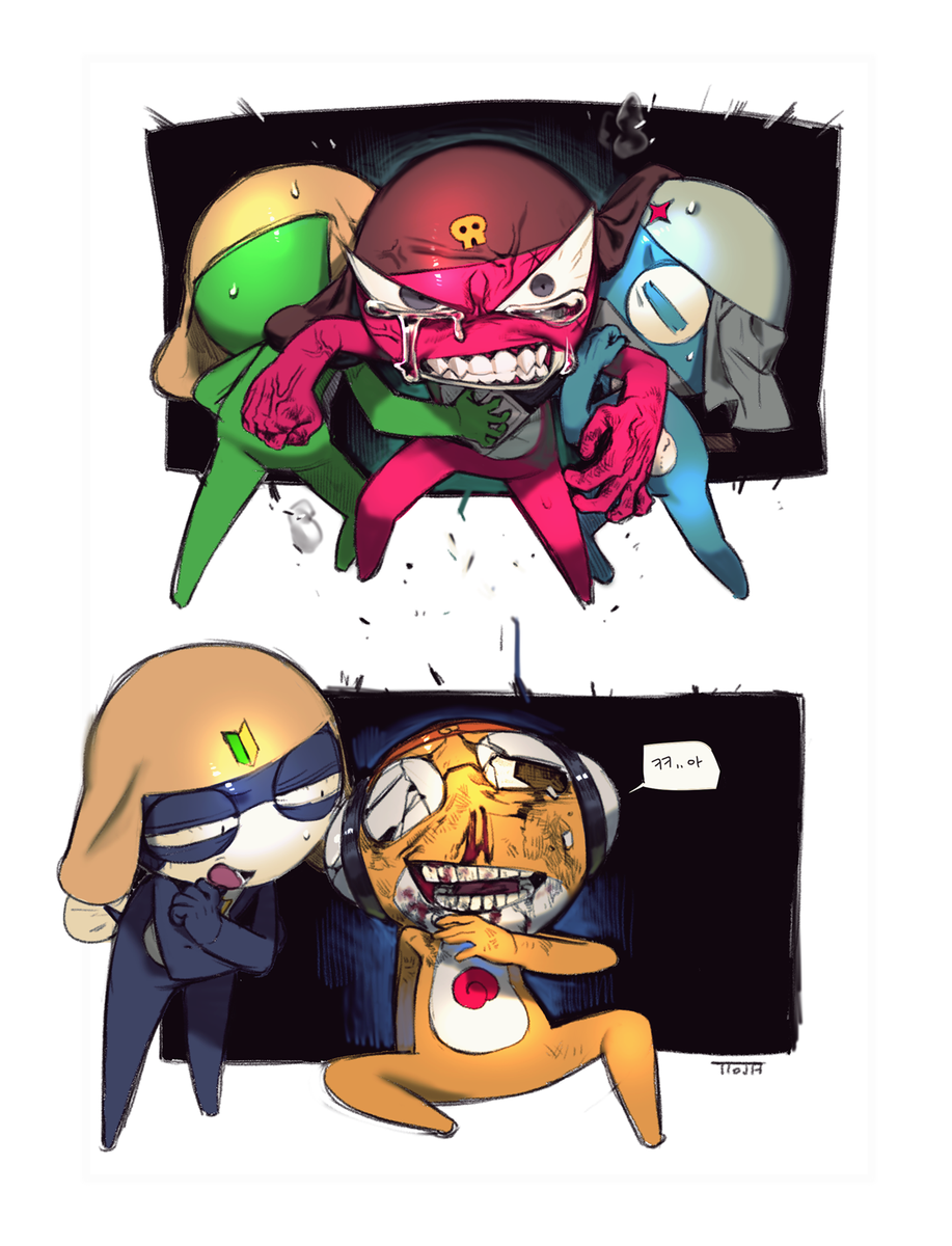 2018, angry, broken_glass, digital_drawing_(artwork), dororo_(sgt._frog), giroro, glass, hi_res, highres, keroro_gunsou, kururu, tears, tto_ja
