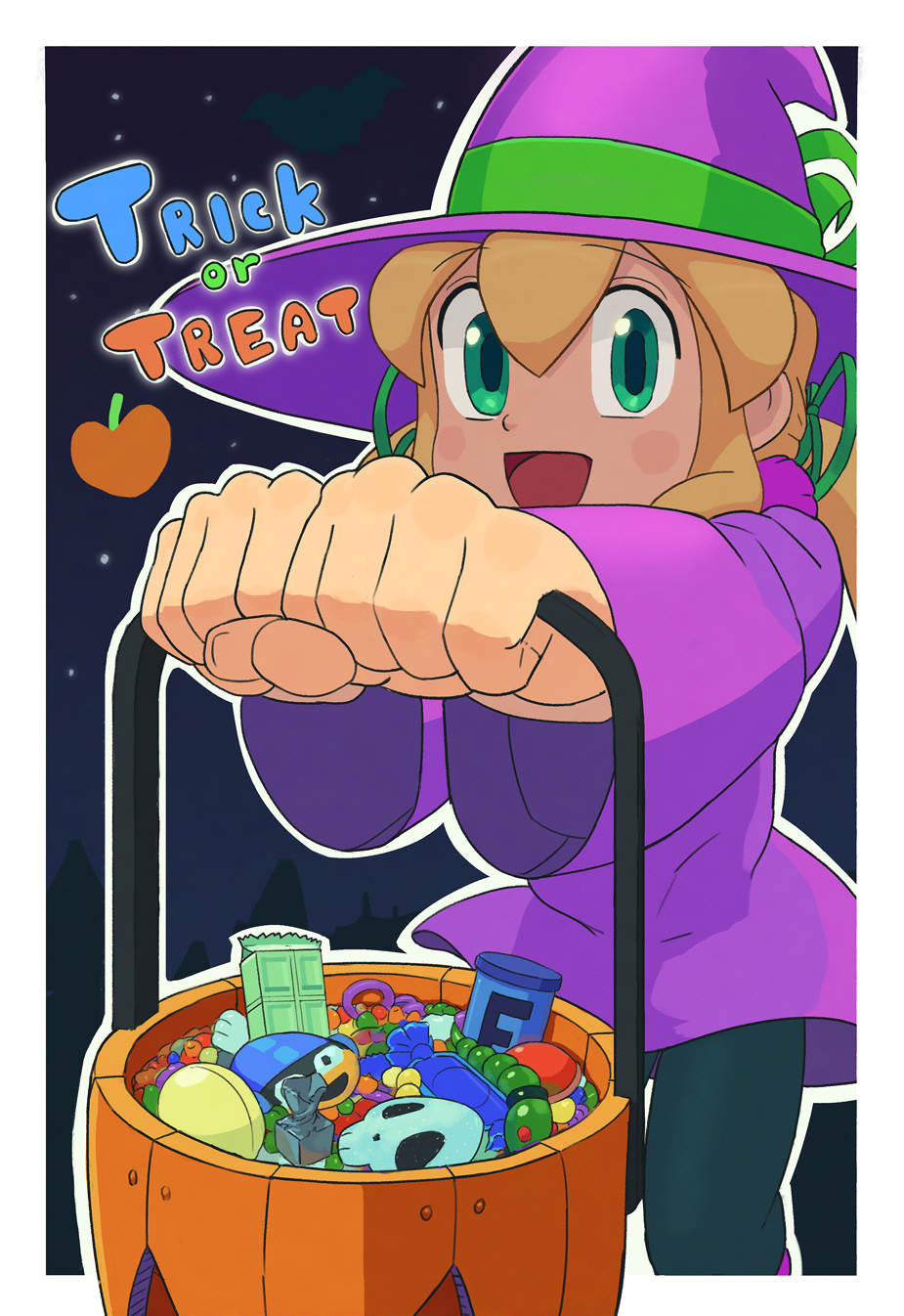 1girl, black_leggings, blonde_hair, bow, candy, commentary, dress, food, foreshortening, gameguran, green_eyes, halloween_bucket, halloween_costume, hat, hat_bow, highres, jack-o'-lantern, leggings, mega_man_(classic), mega_man_(series), open_mouth, purple_dress, roll_(mega_man), short_dress, smile, solo, trick_or_treat, witch_hat