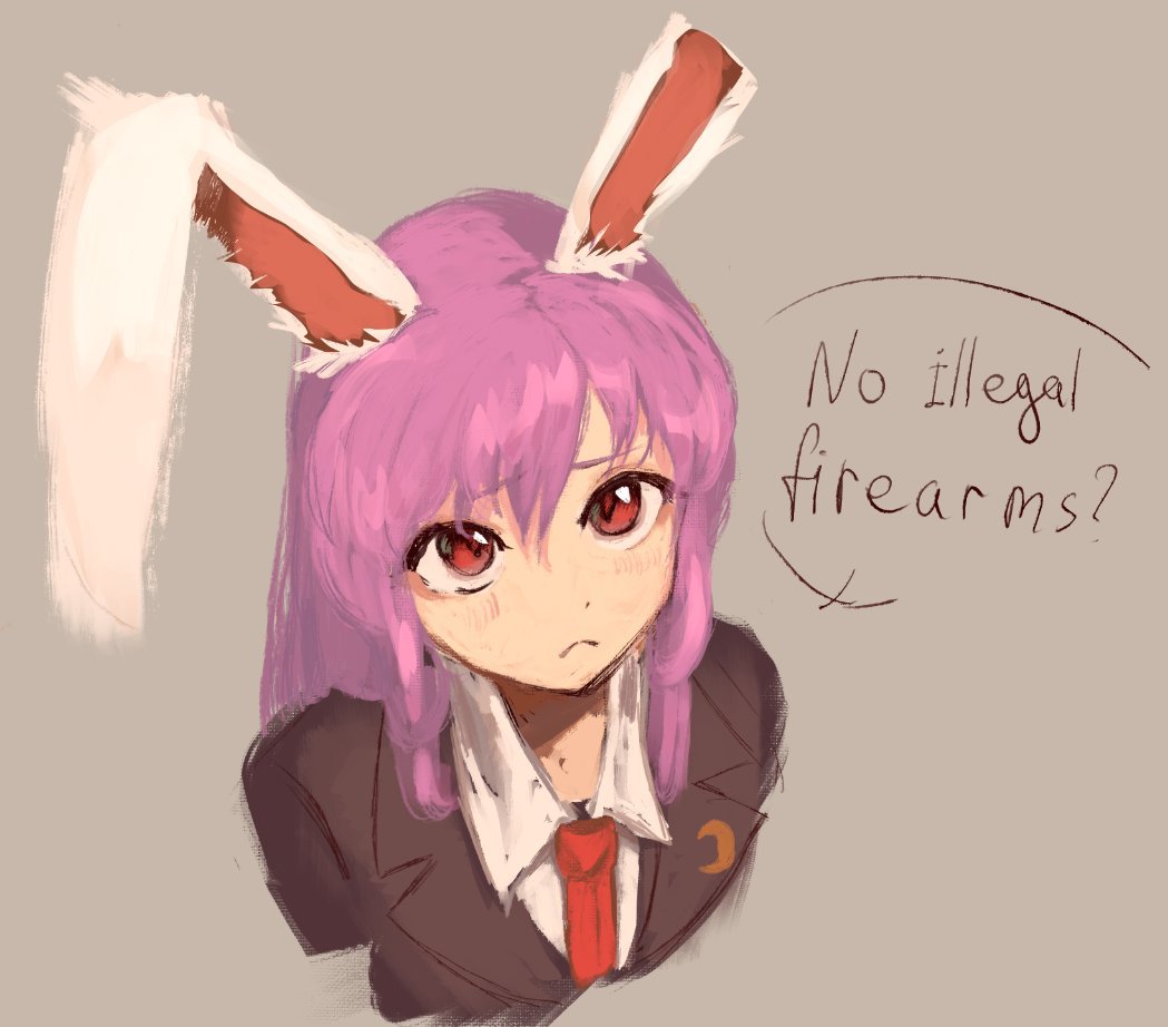 1girl, animal_ears, black_jacket, blazer, blouse, commentary, crescent, english_commentary, jacket, long_hair, meme, necktie, no_bitches?_(meme), pleading_eyes, portrait, purple_hair, rabbit_ears, rabbit_girl, red_eyes, red_necktie, reisen_udongein_inaba, shirt, simple_background, solo, sparkle71059204, speech_bubble, touhou, white_shirt, wing_collar