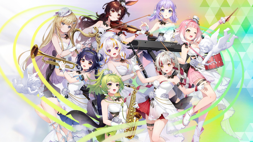 6+girls, bad_source, bow_(music), braid, brown_hair, chinese_commentary, clarinet, cocktail_dress