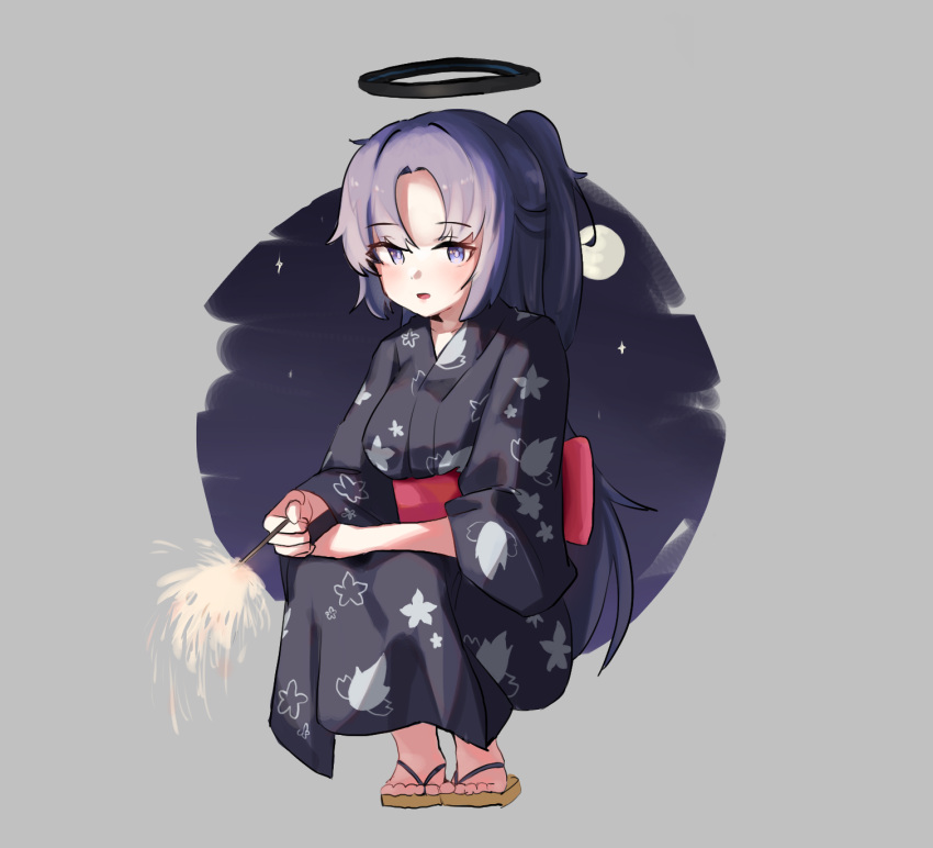 1girl, back_bow, black_kimono, blue_archive, bow, brown_footwear, commentary, fireworks