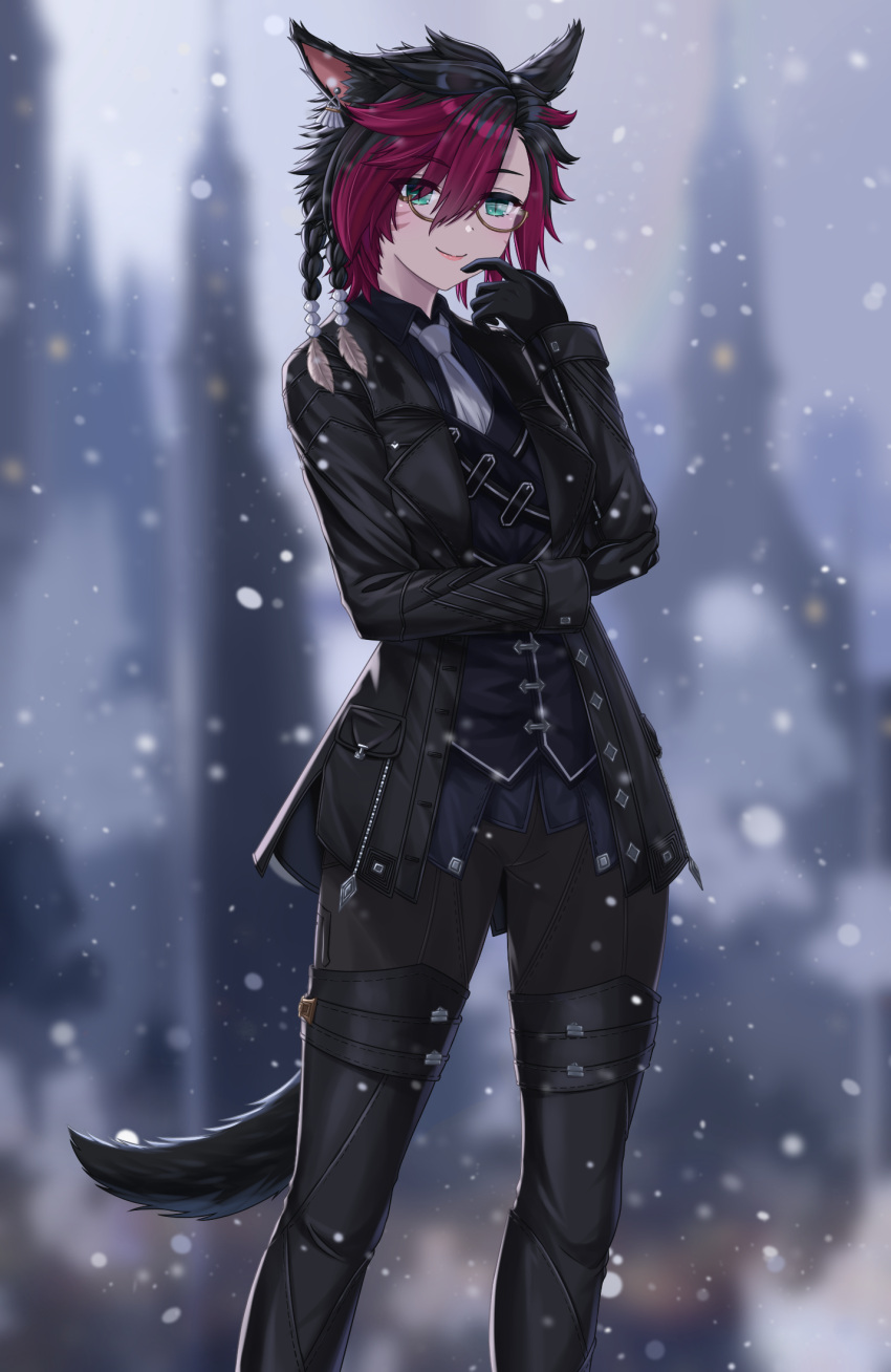1girl, animal_ears, asymmetrical_hair, black_footwear, black_gloves, black_hair, black_jacket, black_pants