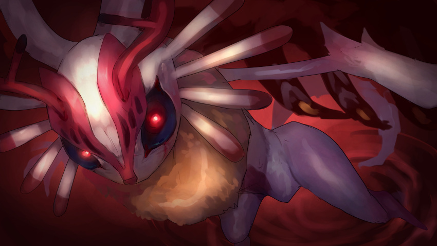 absurdres, antlers, black_sclera, chaos_elfilis, colored_sclera, commentary_request, furry, glowing