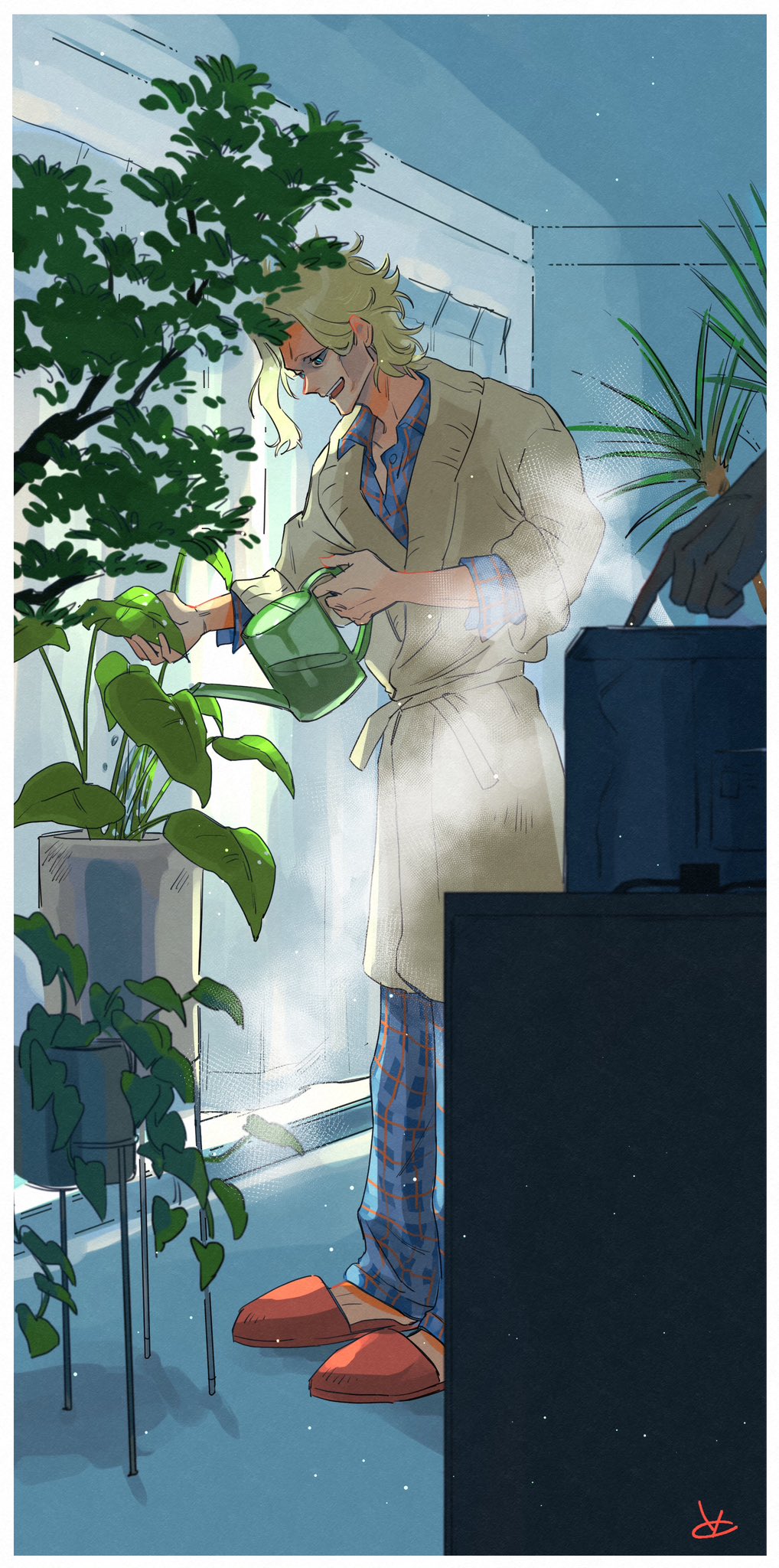 1boy, bathrobe, black_sclera, black_shirt, blonde_hair, boku_no_hero_academia, border, colored_sclera, highres, holding, holding_watering_can, long_sleeves, male_focus, meld_me, open_mouth, pants, plaid, plaid_pants, plaid_shirt, plant, potted_plant, red_footwear, shirt, short_hair, slippers, solo_focus, teeth, upper_teeth_only, watering, watering_can, white_border, yagi_toshinori