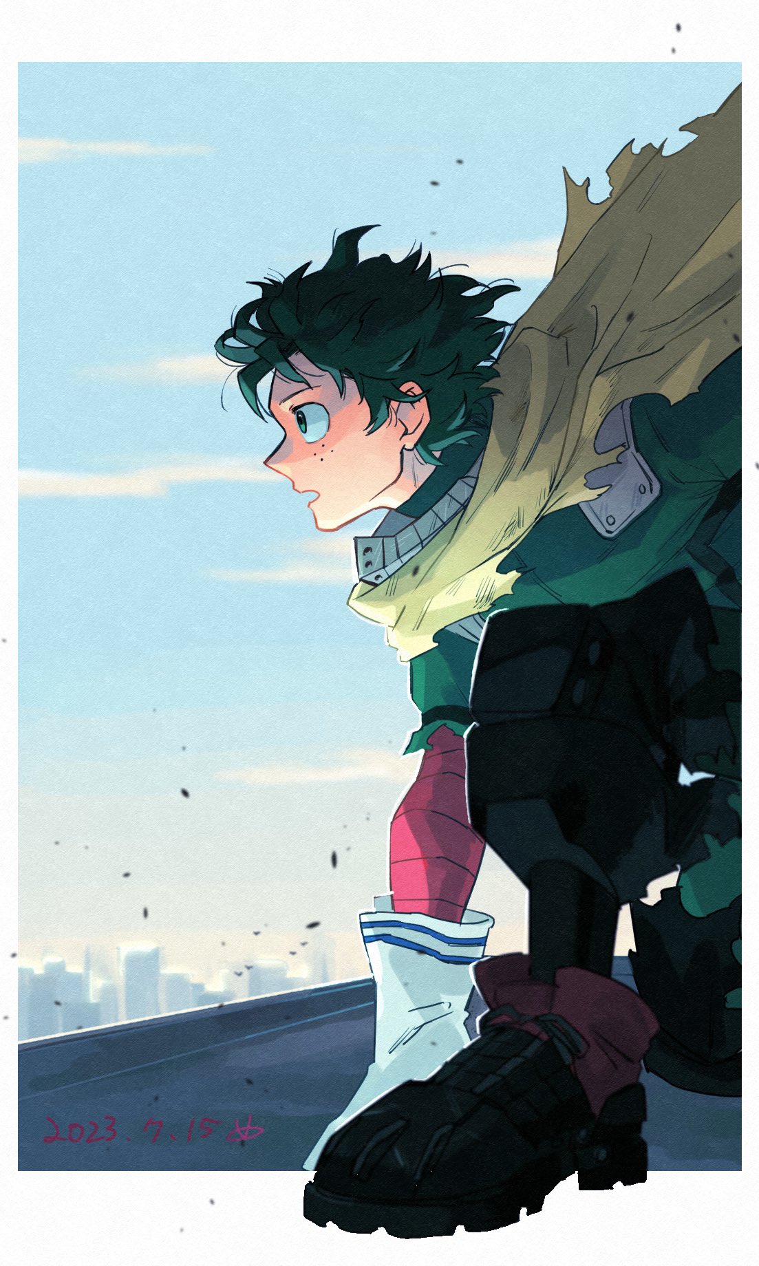 1boy, black_footwear, black_pants, boku_no_hero_academia, border, cape, freckles, gloves