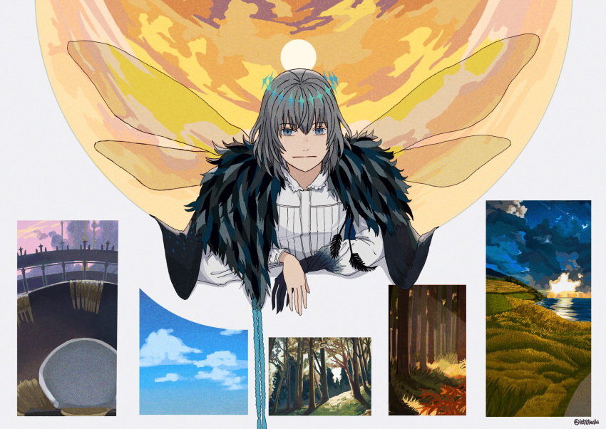 1boy, absurdres, black_cape, black_feathers, blue_sky, cape, closed_mouth, dragonfly_wings
