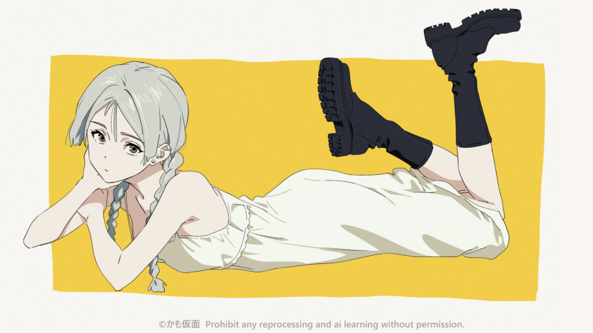 1girl, black_footwear, boots, braid, breasts, commentary, dress, ear_piercing
