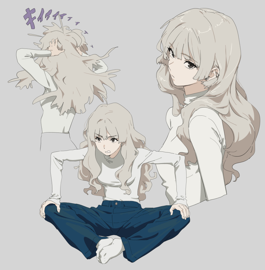 1girl, black_eyes, blue_pants, breasts, commentary, ear_piercing, earrings, grey_hair