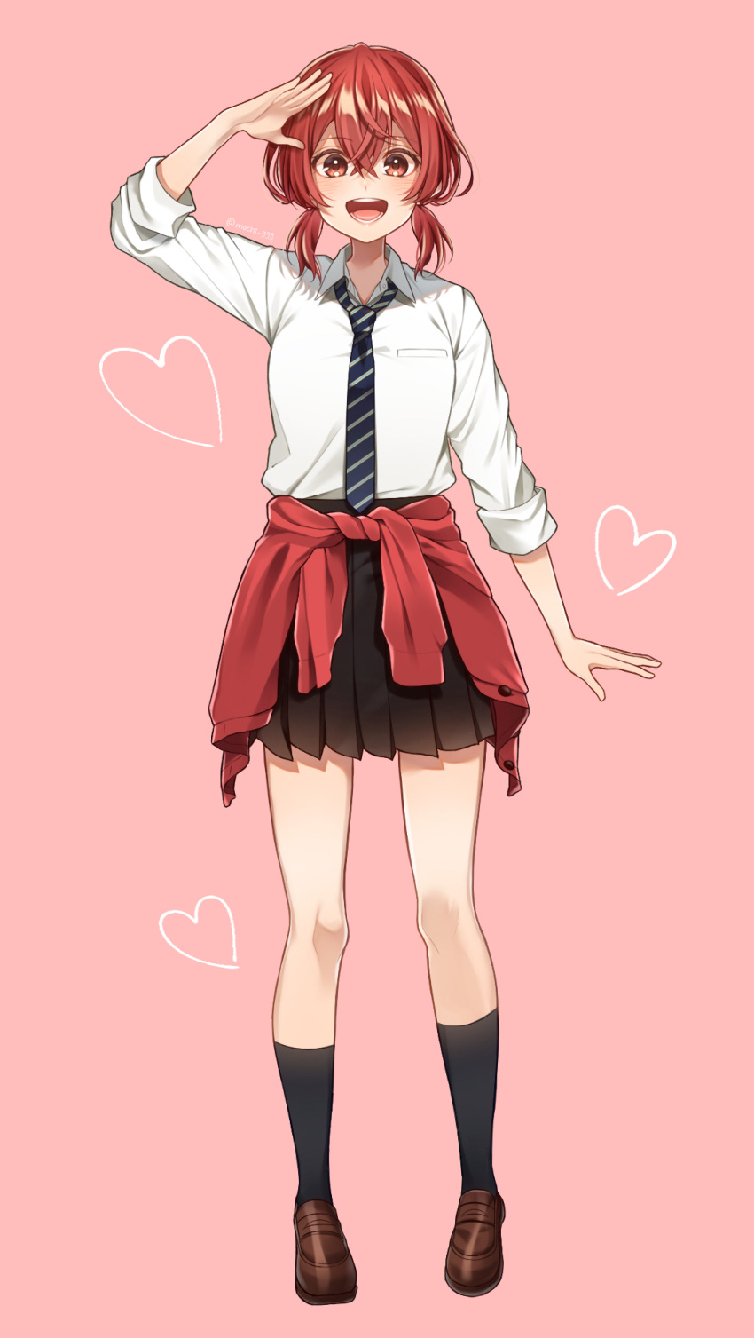 1girl, aho_no_sakata, arm_up, bare_legs, black_skirt, black_socks, brown_footwear, clothes_around_waist