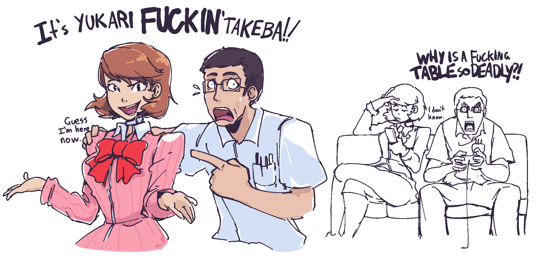 1boy, 1girl, angry_video_game_nerd, black_eyes, black_hair, bow, bowtie, brown_hair