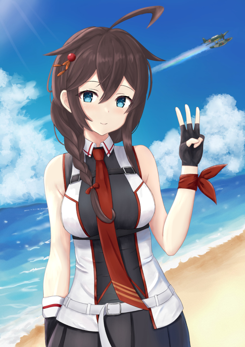 ahoge, aircraft, airplane, beach, black_gloves, black_hair, black_shirt, black_skirt