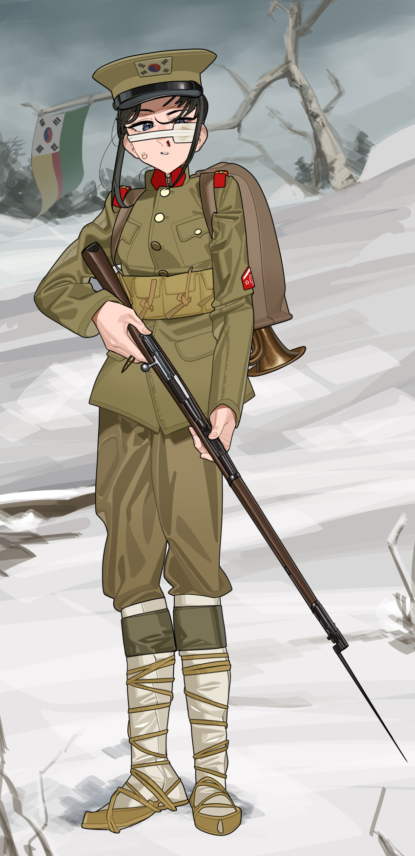 1girl, absurdres, ammunition_pouch, bandage_on_face, bandaged_head, bandages, bare_tree, bayonet