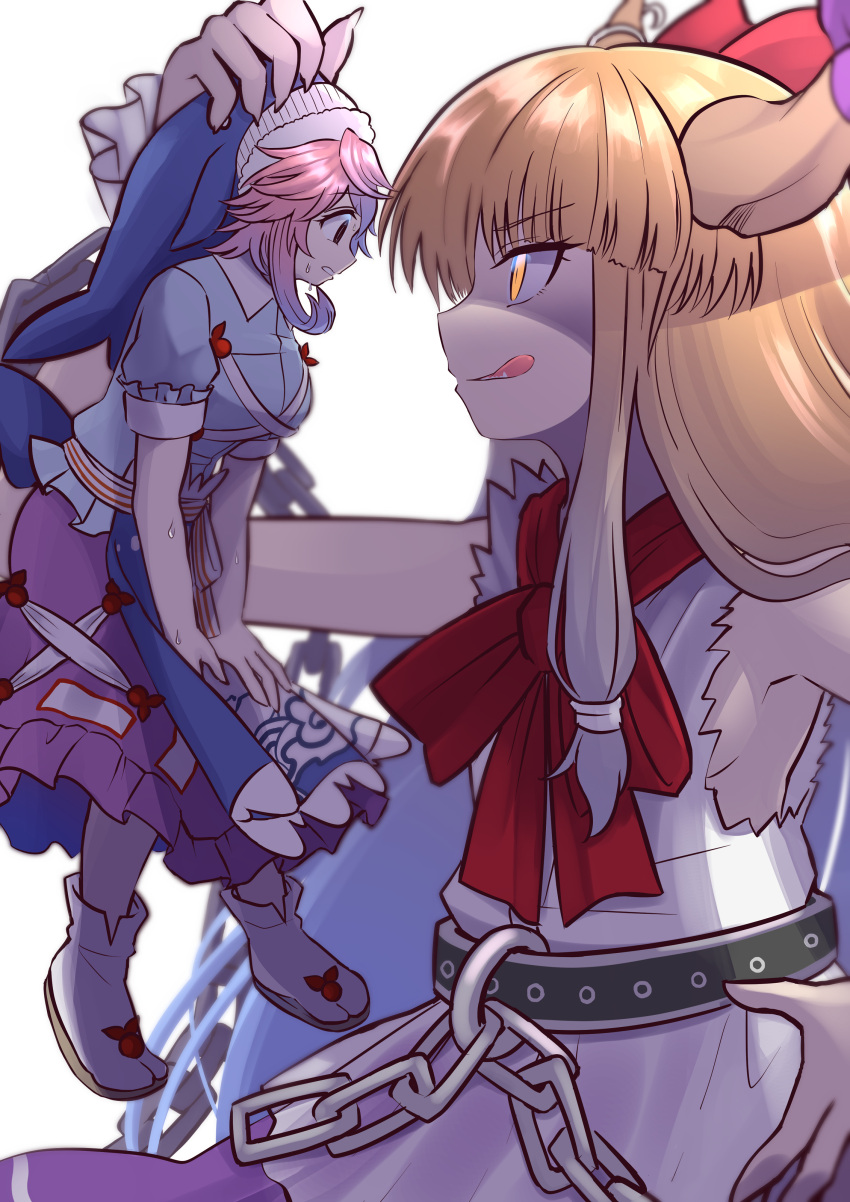2girls, absurdres, breasts, chain, elaphe_guttata6, giant, giantess, glowing