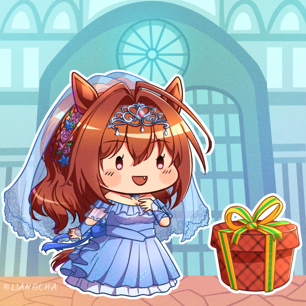1girl, an_oath_to_my_dear_challengers_(umamusume), animal_ears, antenna_hair, blue_dress, blush_stickers, box, bridal_veil, brown_hair, chibi, collarbone, commentary, daiwa_scarlet_(something_blue)_(umamusume), daiwa_scarlet_(umamusume), dress, fang, flower, gift, gift_box, hair_between_eyes, hair_flower, hair_intakes, hair_ornament, horse_ears, horse_girl, horse_tail, lace-trimmed_veil, lace_trim, layered_dress, long_hair, mbd_liangcha, off-shoulder_dress, off_shoulder, official_alternate_costume, official_alternate_hairstyle, open_mouth, outline, pink_flower, pink_rose, rose, solo, tail, tiara, twitter_username, umamusume, veil, violet_eyes, wedding_dress