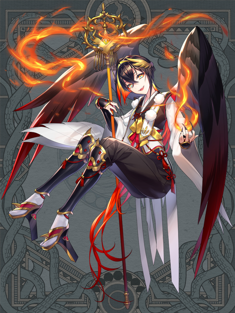 :d, black_nails, black_pants, black_wings, colored_inner_hair, dairoku_ryouhei, fire, full_body