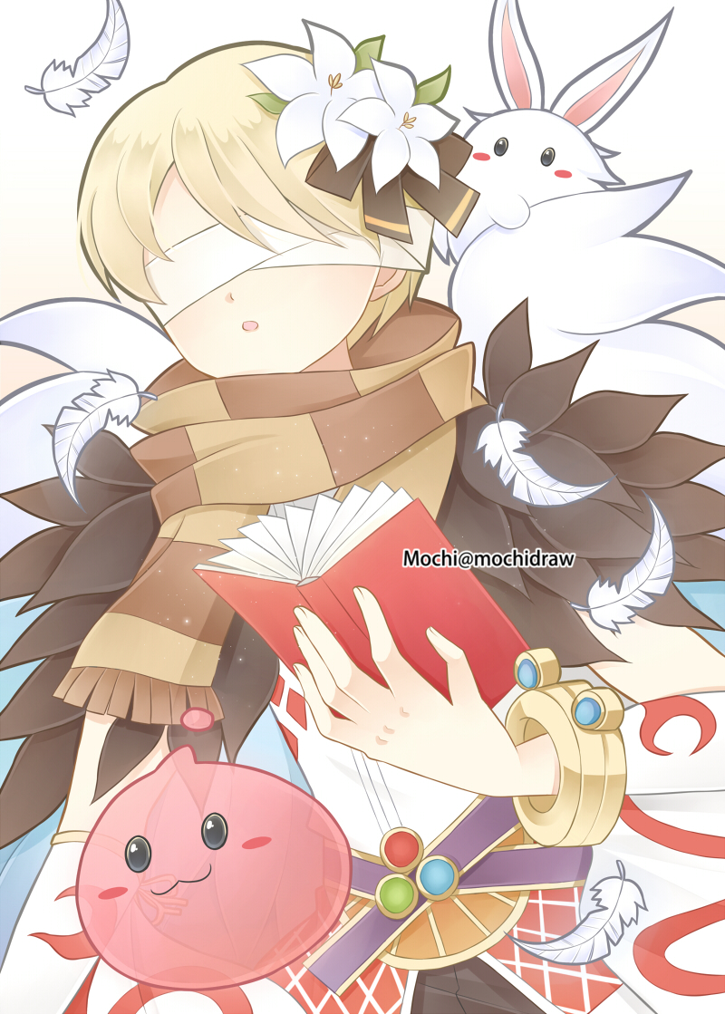 1boy, :3, bangle, blonde_hair, book, bow, bracelet, brown_bow, chinese_commentary, commentary_request, detached_sleeves, feathers, flower, fur_collar, hair_bow, hair_flower, hair_ornament, holding, holding_book, jewelry, lunatic_(ragnarok_online), male_focus, medium_bangs, mochidraw, open_mouth, poring, rabbit, ragnarok_online, shirt, short_hair, slime_(creature), sorcerer_(ragnarok_online), upper_body, white_blindfold, white_flower, white_shirt, white_sleeves