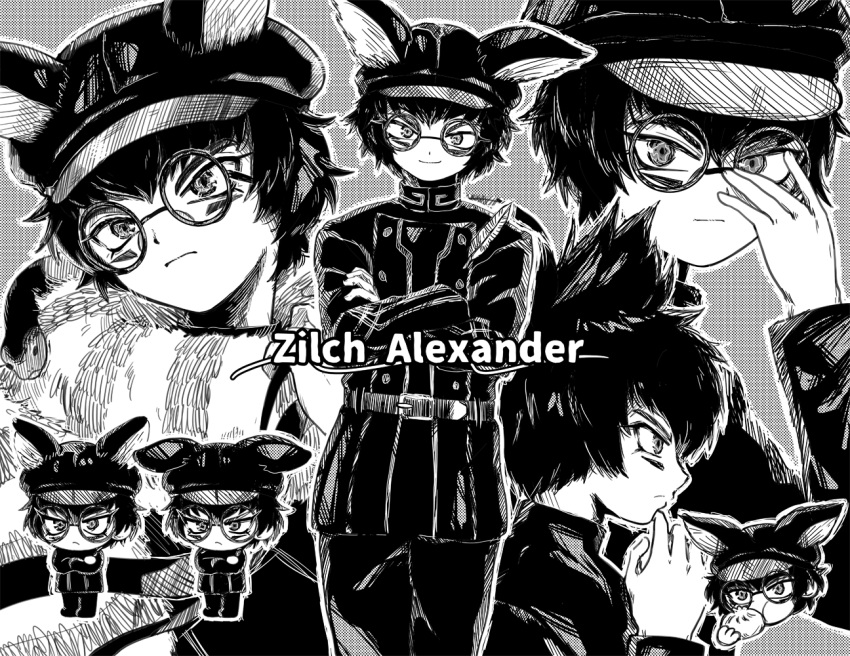1boy, adjusting_eyewear, animal_ears, animal_hat, baozi, cabbie_hat, castella_(castellatape), character_name