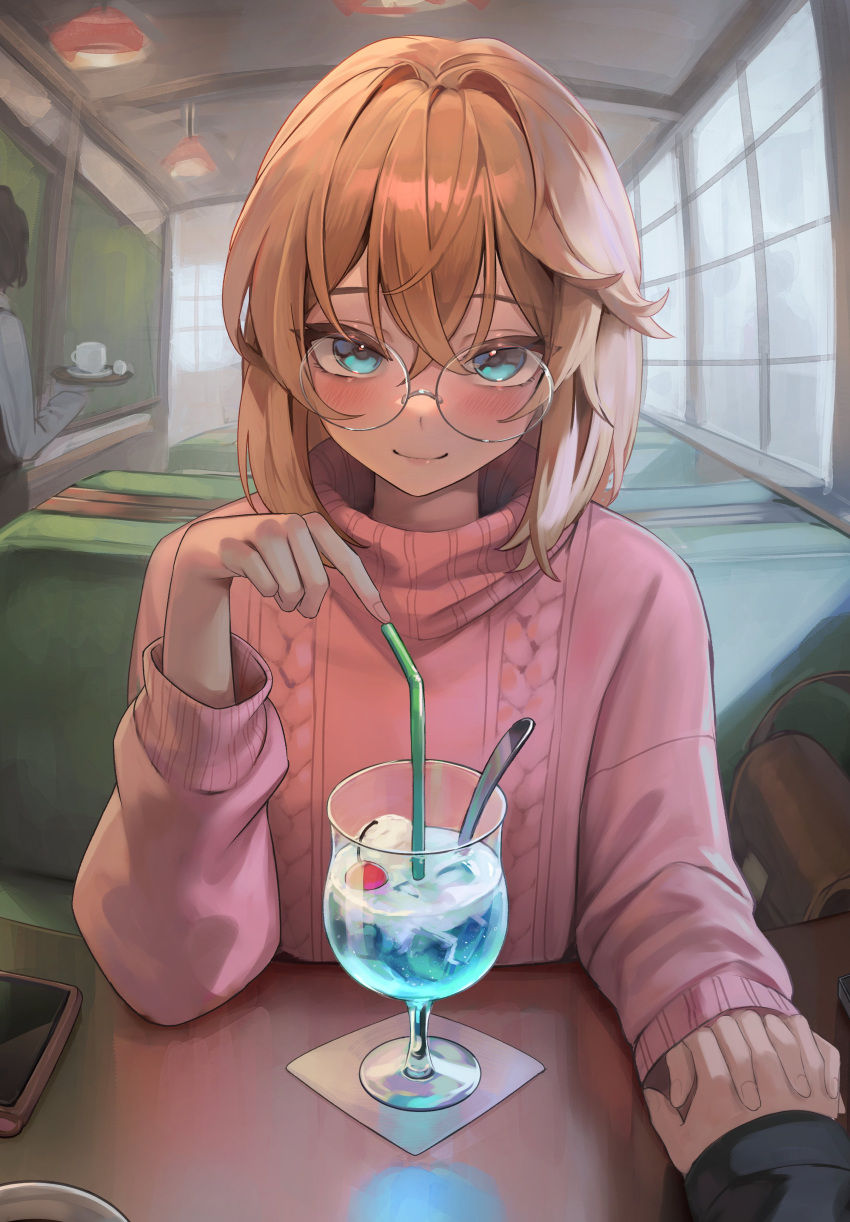 1girl, absurdres, alternate_costume, bespectacled, blonde_hair, blue_eyes, blush, bridget_(guilty_gear)