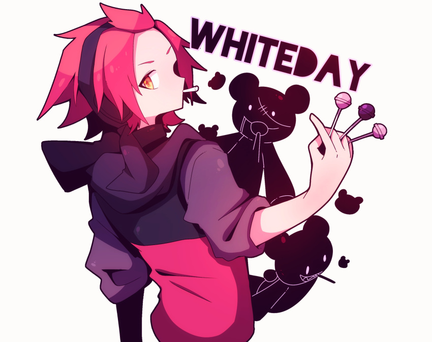 1bitheart, 1boy, black_headband, black_hoodie, candy, facing_to_the_side, food, headband