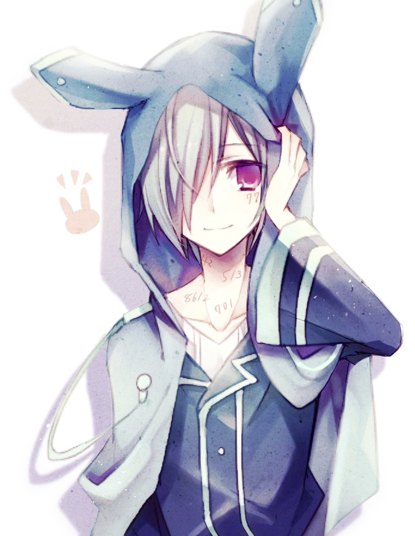 1bitheart, 1boy, aisaka_mikado, animal_ears, aqua_hair, blue_shirt, fake_animal_ears, fujikawa_(honomayu), green_hood, hair_over_one_eye, hand_on_own_head, hood, hood_up, long_sleeves, male_focus, numbered, one_eye_covered, pink_eyes, rabbit_ears, shirt, solo, tattoo, white_background