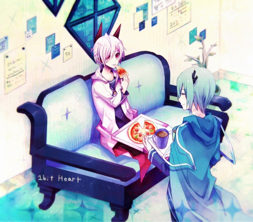 1bitheart, 2boys, aisaka_mikado, animal_ears, blue_hoodie, blue_shirt, closed_eyes, closed_mouth