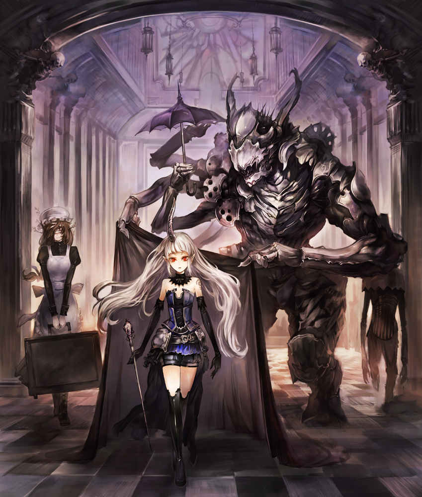 bandages, boots, brown_hair, checkered, creature, elbow_gloves, elf, fantasy, gloves, hat, horns, long_hair, luggage, maid, original, pointy_ears, pointyears, red_eyes, scepter, suitcase, suzuya, suzuya_akinori, tattoo, thigh-highs, thigh_boots, thighhighs, umbrella, white_hair
