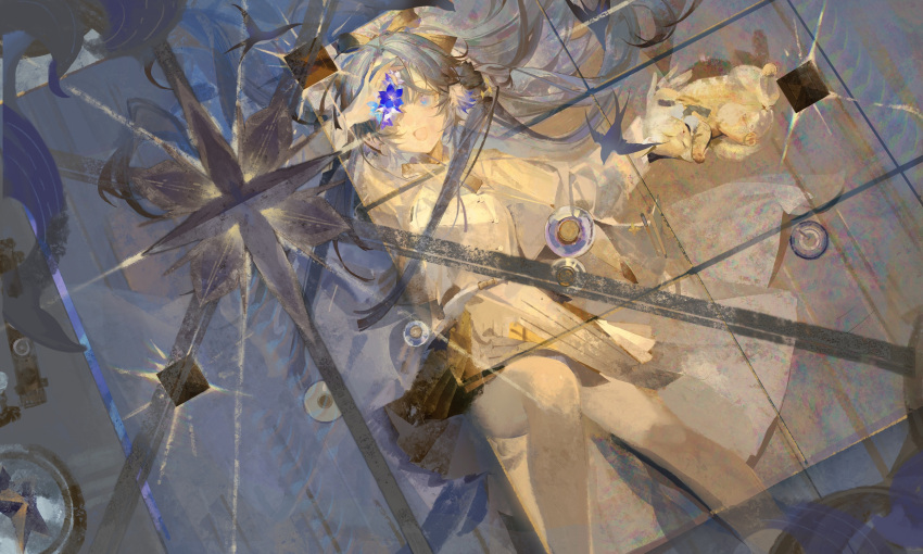 1girl, animal_ear_fluff, arknights, astgenne_(arknights), astgenne_(her_aspiration)_(arknights), black_skirt, blue_eyes, blue_flower