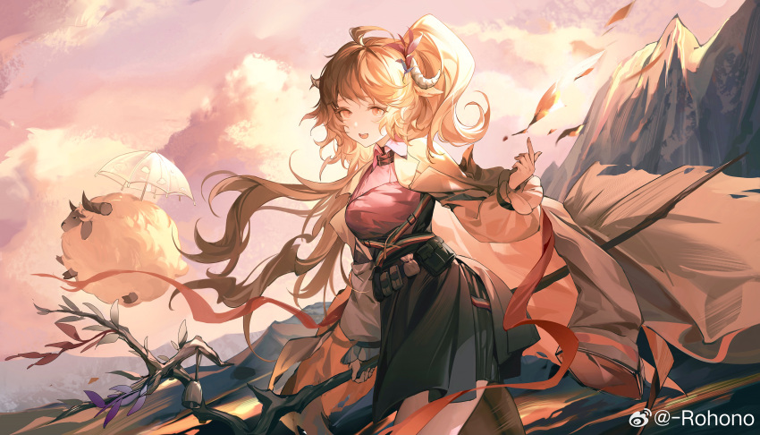 1girl, :d, absurdres, arknights, black_skirt, brown_eyes, brown_hair, chinese_commentary, clouds, coat, collared_shirt, commentary_request, cowboy_shot, eyjafjalla_(arknights), eyjafjalla_the_hvit_aska_(arknights), fingernails, floating_hair, highres, holding, holding_staff, horns, long_hair, long_sleeves, looking_at_viewer, mountain, official_alternate_costume, open_clothes, open_coat, open_mouth, outdoors, pink_shirt, ponytail, rohono, sheep, sheep_girl, sheep_horns, shirt, skirt, sky, smile, solo, staff, teeth, umbrella, very_long_hair, weibo_logo, weibo_username, white_coat