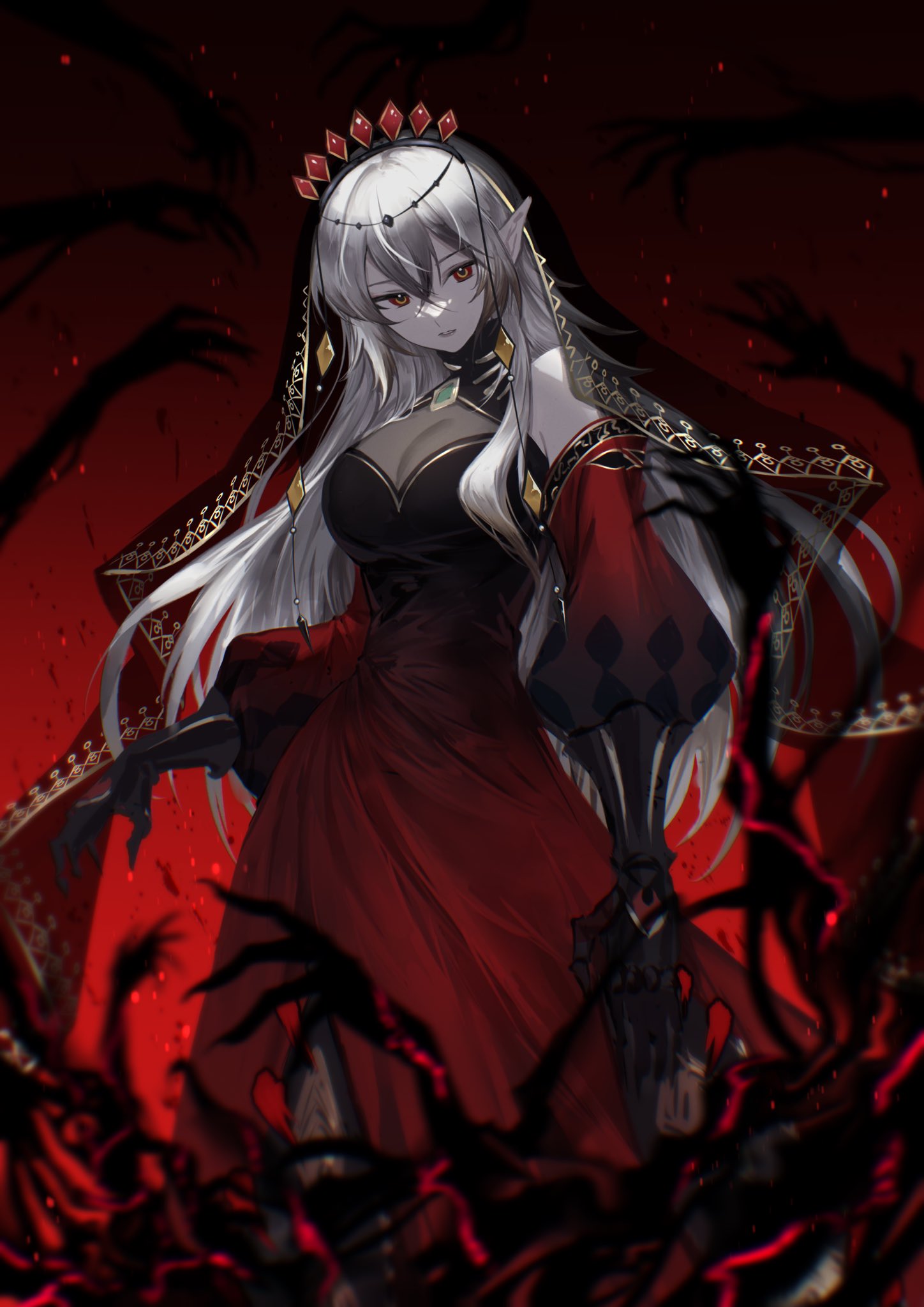 1girl, alternate_form, bare_shoulders, blazing_cartesia_the_virtuous, breasts, cleavage_cutout, clothing_cutout, colored_skin