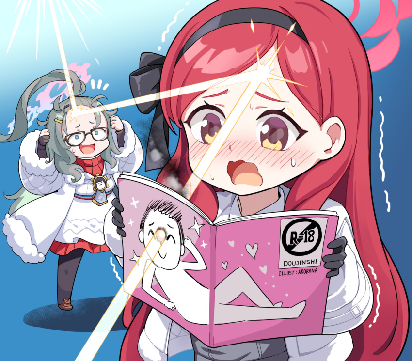 2girls, antenna_hair, arona's_sensei_doodle_(blue_archive), black_gloves, black_pantyhose, blue_archive, blush, book