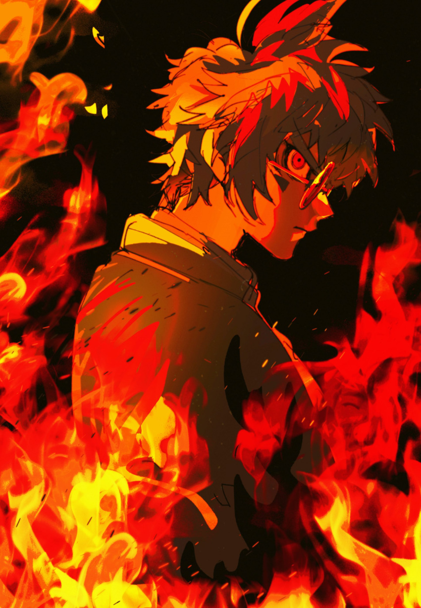 1boy, absurdres, black_background, black_hair, closed_mouth, commentary, facial_mark, fire, from_side, glasses, highres, looking_at_viewer, male_focus, master_detective_archives:_rain_code, oishikunatte_shintoujou, profile, red_eyes, round_eyewear, short_hair, simple_background, solo, upper_body, zilch_alexander