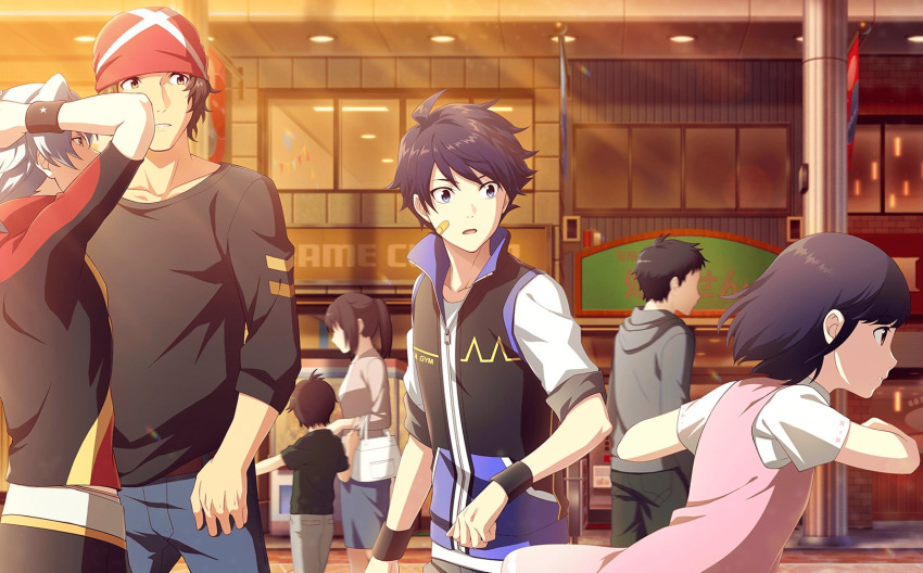 2girls, 4boys, ahoge, bag, bandaid, bandaid_on_cheek, bandaid_on_face, black_hair