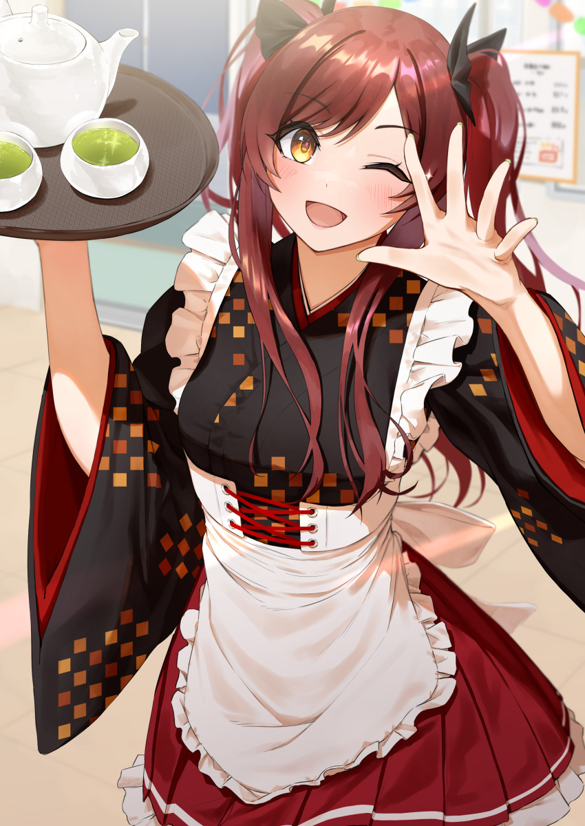 1girl, absurdres, alternate_hairstyle, apron, black_kimono, blush, checkered_clothes, checkered_kimono
