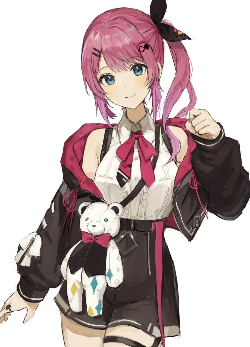 1girl, black_jacket, black_shorts, blue_eyes, clenched_hand, collared_shirt, cropped_jacket, gradient_hair, highres, jacket, jewelry, kuramochi_meruto, long_hair, mita_(d66886), multicolored_hair, nijisanji, pink_hair, purple_hair, rene_(kuramochi_meruto), ring, shirt, shorts, side_ponytail, simple_background, sleeveless, smile, solo, thigh_strap, virtual_youtuber, white_background, white_shirt