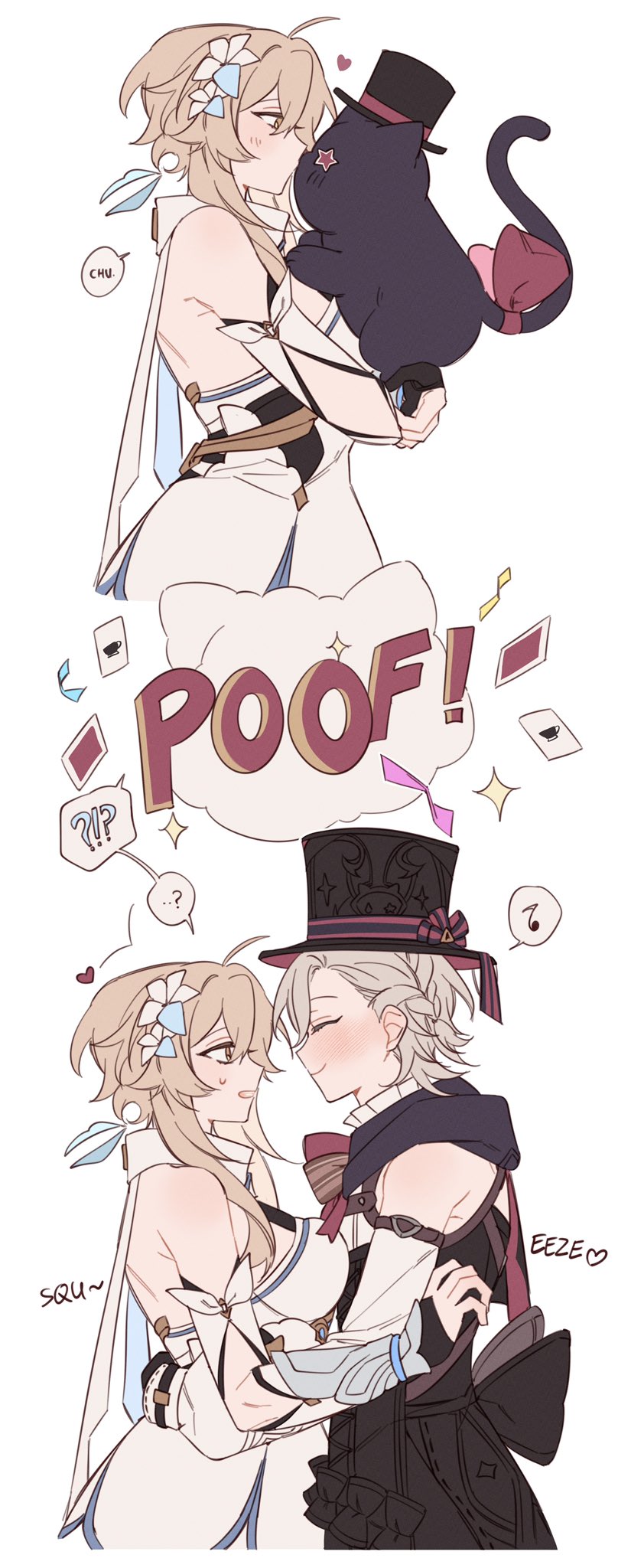 1boy, 1girl, black_cat, blonde_hair, blush, cat, closed_eyes, couple