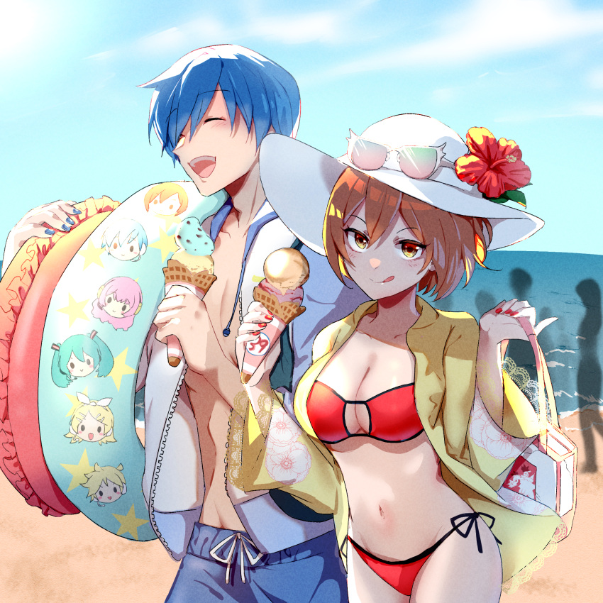 1boy, 1girl, bag, beach, bikini, blue_hair, blue_nails, blue_sky, blush, breasts, brown_eyes, brown_hair, closed_eyes, eyewear_on_head, flower, food, happy, hat, hat_ornament, hatsune_miku, highres, holding, holding_bag, holding_ice_cream_cone, ice_cream, kagamine_len, kagamine_rin, kaito, kaito_(vocaloid), large_breasts, looking_at_viewer, megurine_luka, meiko, meiko_(vocaloid), nail_polish, navel, ocean, open_clothes, open_mouth, open_shirt, red_bikini, red_flower, red_nails, sand, shirt, short_hair, shorts, sky, smile, summer, sun_hat, sunglasses, swimsuit, teeth, tongue, tongue_out, upper_body, upper_teeth_only, vocaloid, yellow_shirt, yyxw5385