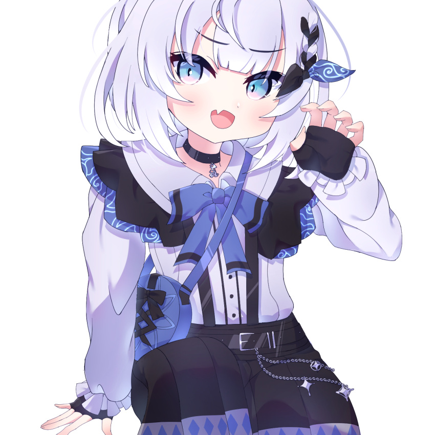 1girl, black_choker, black_gloves, black_skirt, blue_eyes, choker, claw_pose, cross_(vgne4542)