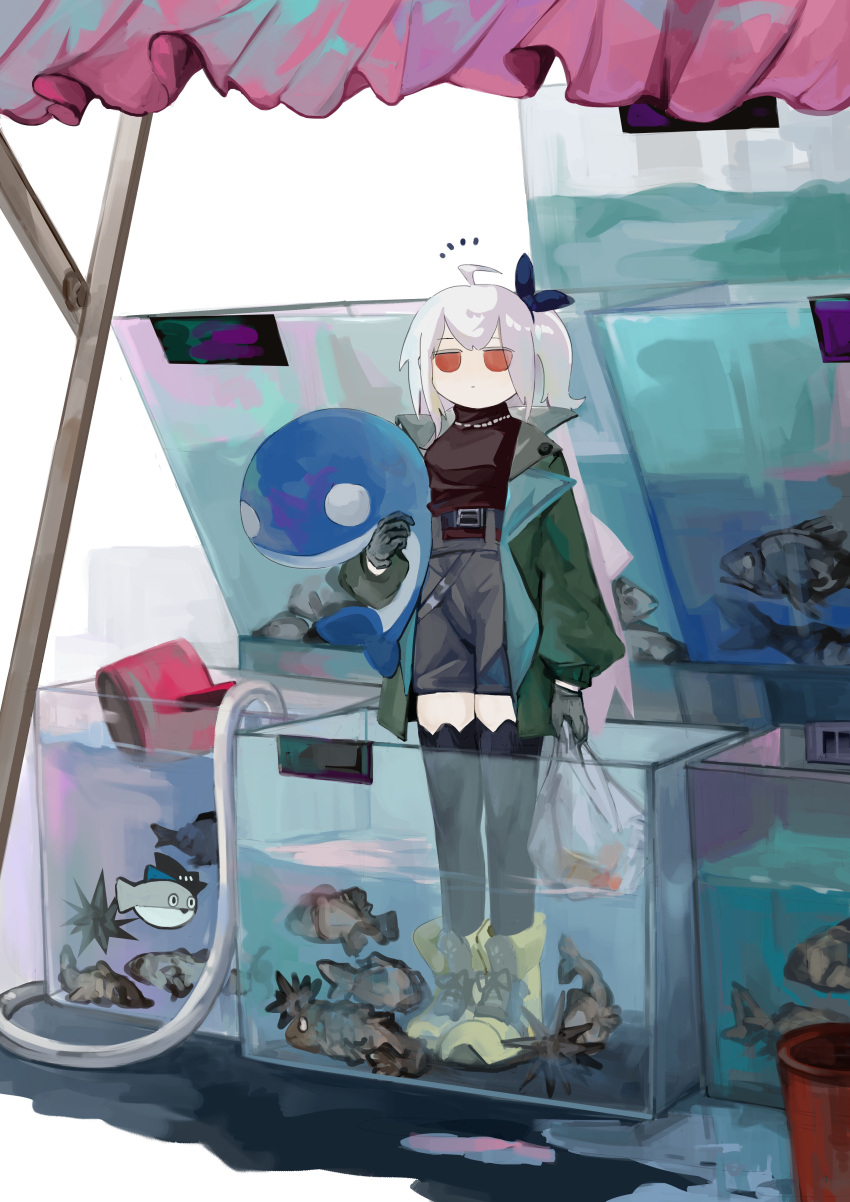 1girl, absurdres, ahoge, aquarium, arknights, bag, belt, belt_buckle