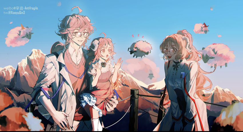 1boy, 2girls, :d, :o, aged_down, ahoge, animal_ears, arknights