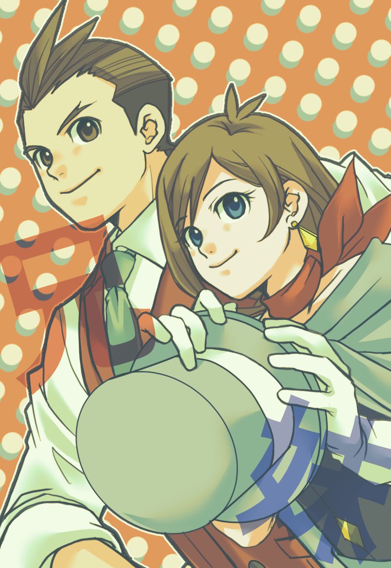 1boy, 1girl, ace_attorney, antenna_hair, apollo_justice, blue_eyes, brother_and_sister, brown_eyes