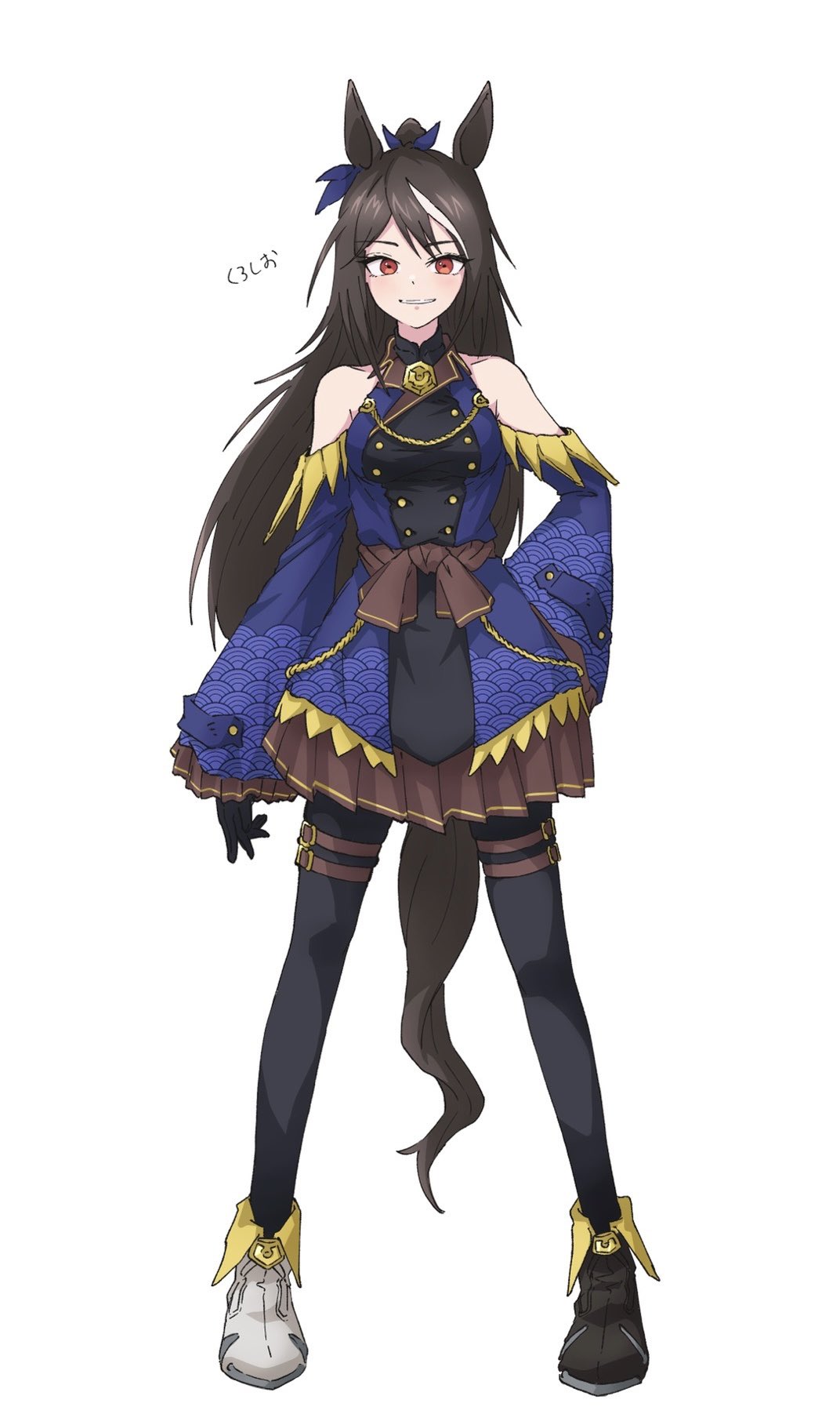 1girl, animal_ears, asymmetrical_footwear, bare_shoulders, belt, black_footwear, black_gloves, black_hair, black_pantyhose, black_tide_(racehorse), blue_bow, bow, character_name, commentary, detached_sleeves, dress, ear_bow, genderswap, genderswap_(mtf), gloves, grin, hair_bow, highres, horse_ears, horse_girl, horse_tail, long_hair, looking_at_viewer, mismatched_footwear, multicolored_hair, obushideian, original, pantyhose, personification, red_eyes, red_sash, sash, seigaiha, sleeveless, sleeveless_dress, smile, solo, streaked_hair, tachi-e, tail, thigh_belt, thigh_strap, umamusume, white_background, white_footwear, white_hair, wide_sleeves